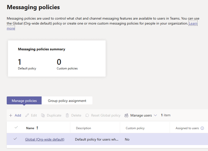 Manage global Messaging Policies in Microsoft Teams