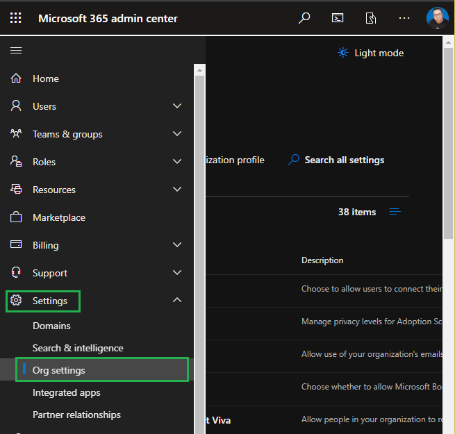 Org settings in Microsoft 365