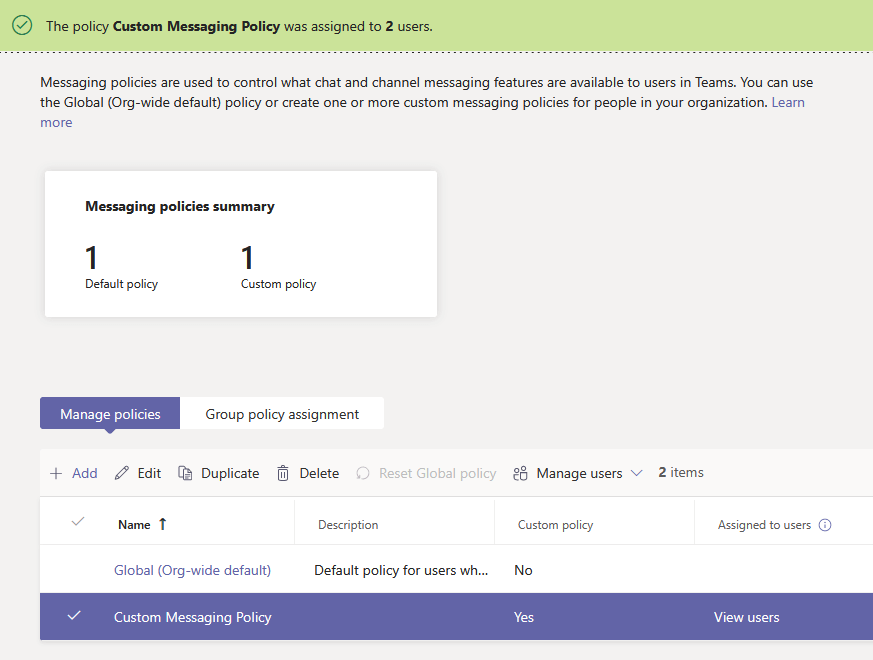 a new custom policy in Microsoft Teams