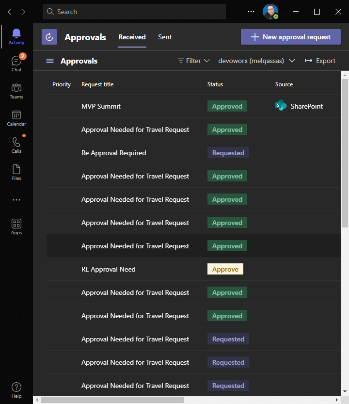 approvals list in Microsoft Teams