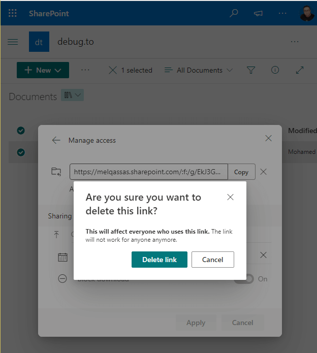 confirm delete request files link in sharepoint online