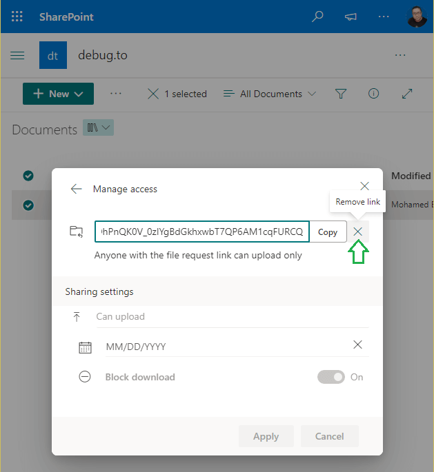 delete request files link in sharepoint online