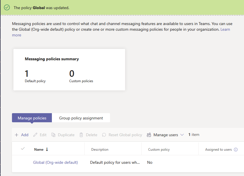 the policy global was updated in Microsoft Teams