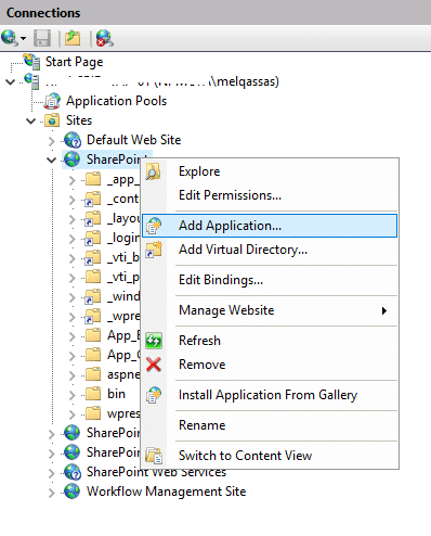 Add Application under SharePoint Web Application in IIS