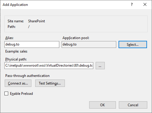 Create Application under SharePoint Web Application in IIS