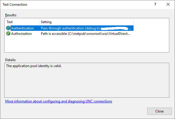 Test Connection Application in IIS