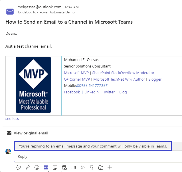 Reply to email in Microsoft Teams