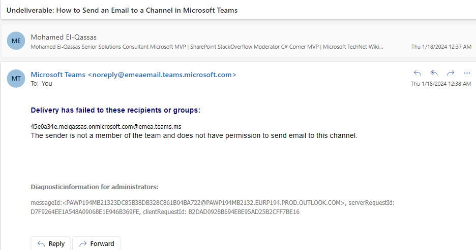 The sender is not a member of the team and does not have permission to send email to this channel.