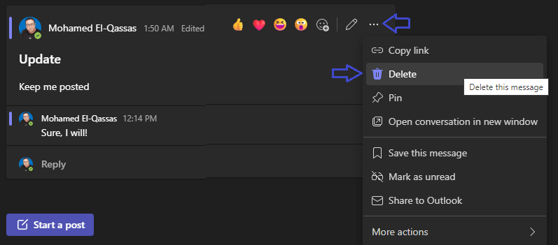 Delete send message in Microsoft Teams